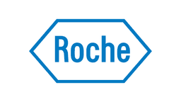 The image displays the Roche corporate logo, featuring the word 'Roche' in bold, blue, sans-serif typography centered within a blue hexagonal outline. The design is minimalist and clean, set against a plain white background, emphasizing brand recognition through simplicity and strong color contrast. This logo represents Roche, a multinational healthcare company specializing in pharmaceuticals and diagnostics, and is presented here as part of a collection of pharmaceutical company logos on a webpage listing employers in the medical department sector.